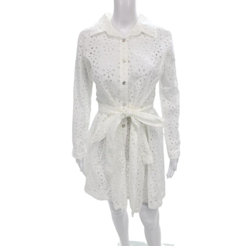 Luisa Womens Floral Collared Long Sleeve Shirt Dress White Knee Size S